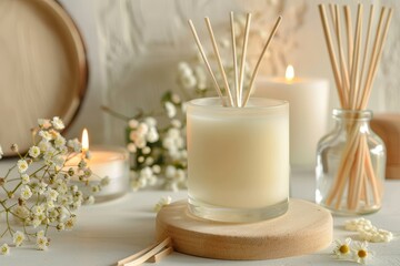 Air freshener and scented candles on bright backdrop