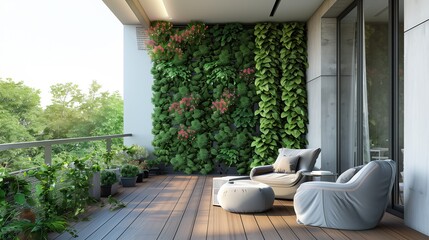 A sleek balcony retreat with a vertical garden and sleek outdoor furniture