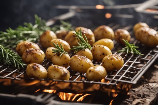 'vegan grillen kleine rosmarin kartoffeln drillinge vom grill baby potatoes rosemary potato triplet roasted grilling vegetable vegetarian side dish appetiser salt fried herb bar-b-q plate food rustic'