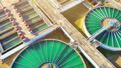 A wastewater treatment facility employs physical, chemical, and biological processes to treat sewage and industrial effluents, ensuring the safe discharge of treated water into natural bodies. Drone.
