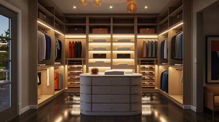 A sleek boutique closet with backlit shelves and a center island dresser