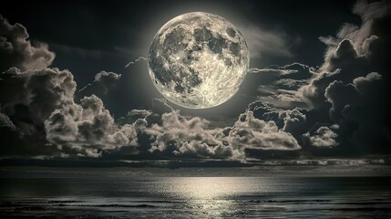 A full moon is rising in a dark sky. There are bats flying around the moon. The full moon is surrounded by dark clouds.

