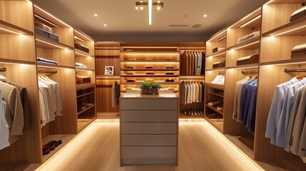 Fototapeta premium A sleek boutique closet with backlit shelves and a center island dresser