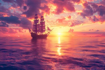 Ancient pirate ship on peaceful ocean at sunset with calm waves reflecting the setting sun