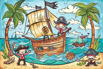 Cartoon cute doodles of kids embarking on a pirate adventure, sailing the high seas in a cardboard ship and searching for buried treasure on a deserted island, Generative AI