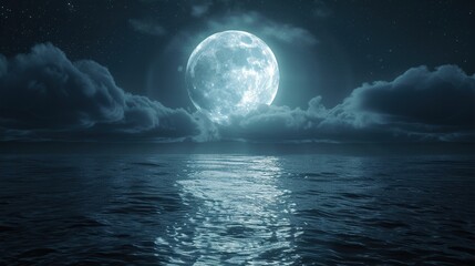 A full moon is rising over a dark ocean. The moon is surrounded by clouds and the water is reflecting the moonlight.


