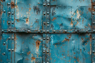 Antique steel door with lock old blue style Rusty folding texture pattern background Dark edge