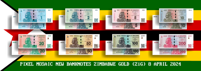 Vector set of pixel mosaic banknotes of Zimbabwe. Collection of notes in denominations of 1, 2, 5, 10, 20, 50, 100 and 200 ZiG Zimbabwe gold. Obverse and reverse. Play money or flyers. PART 2