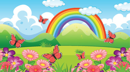 Vibrant landscape with flowers, butterflies, and rainbow