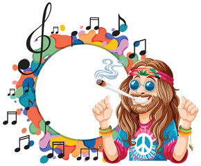 Colorful illustration of a hippie enjoying music
