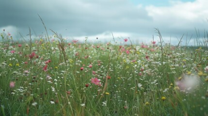 A field filled with colorful flowers stretches as far as the eye can see under a heavy, cloudy sky. The vibrant blooms sway gently in the wind, creating a beautiful spectacle of nature.