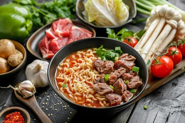 Asian spicy Ramen noodles with beef in broth using raw ingredients