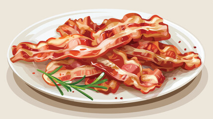 Tasty fried bacon on plate closeup Vector illustration