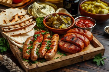Assorted dish includes sausages potatoes pickles and bread on a wooden tray Focus on the food