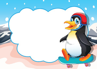 Cartoon penguin on skateboard with empty thought bubble.