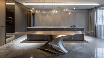 A sleek dining room with a sculptural table and dynamic LED chandelier