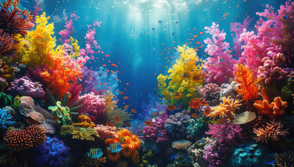 Naklejka na ściany i meble A vibrant coral reef teeming with colorful marine life, showcasing the beauty of underwater worlds and highlighting key locations for sustainable fishing practices. Created with Ai