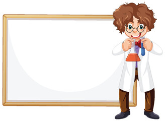 Cartoon scientist holding a beaker, standing by a board.