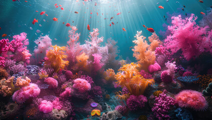 A vibrant coral reef teeming with colorful marine life, showcasing the beauty of underwater landscapes and creating an immersive visual experience for photography enthusiasts. Created with Ai