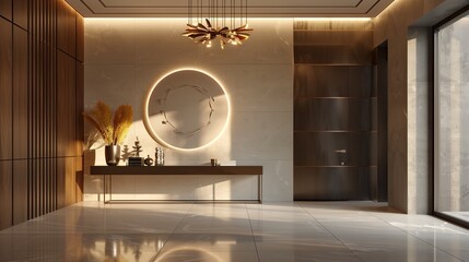 A sleek foyer with a statement light fixture and a minimalist console