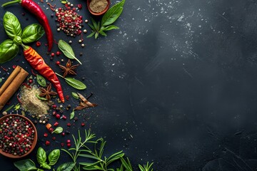 Assortment of spices on black background including pepper turmeric paprika basil rosemary chili cardamom cinnamon anise Overhead view with space for text
