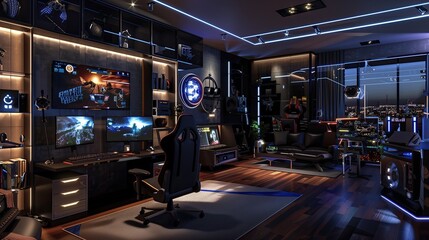 A sleek gaming den with ergonomic chairs and immersive surround sound