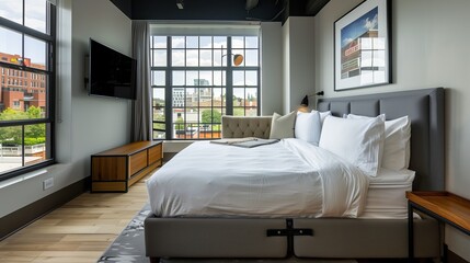 A sleek guest room with a convertible sofa bed and a smart TV