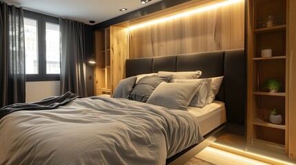 A sleek guest suite with a Murphy bed and a multifunctional space