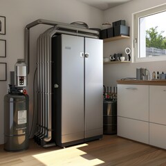 Experience modern heat pump technology with efficient pipes and furnace, depicted in stunning photorealistic detail for a captivating presentation