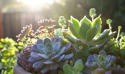 A tight shot of multiple succulents in a planter, Generative AI 