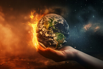 Holding the Future: Earth's Fiery Trial Cradling Climate Change - obrazy, fototapety, plakaty