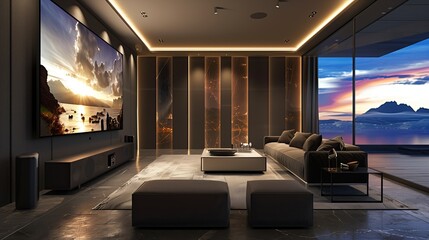 A sleek home cinema with acoustic panels and a widescreen display