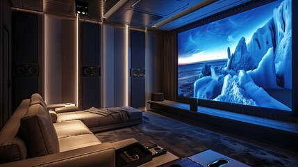 A sleek home cinema with acoustic panels and a widescreen display