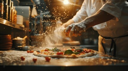 An expert chef making pizza in a restaurant kitchen, shown in close-up. copy space for text.