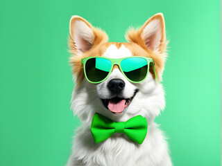 A dog wearing sunglasses and a green bow tie
