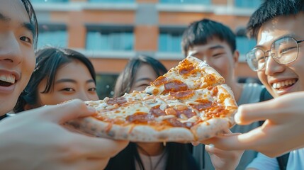 Asian students eating eating the pizza together in breaking time early next study class having fun and enjoy party, Italian food slice with cheese delicious.