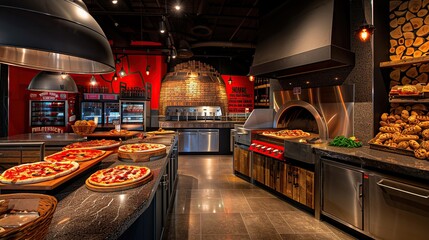 Create an inviting display of a contemporary pizzeria, with wood-fired ovens, pizza tossers, and a menu of gourmet pizza creations. copy space for text.