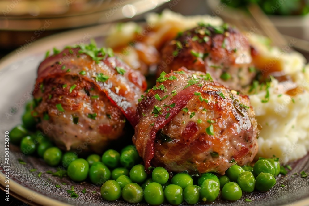 Wall mural Bacon wrapped meatballs with mashed potatoes and peas on a plate - Wall murals