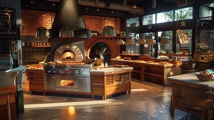 Fototapeta premium Create an inviting display of a contemporary pizzeria, with wood-fired ovens, pizza tossers, and a menu of gourmet pizza creations. copy space for text.