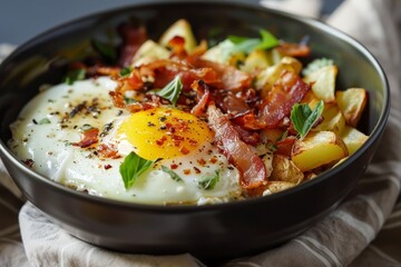 Bacon egg and potato breakfast bowl made at home