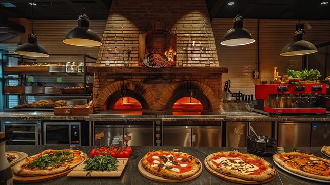 Create an inviting display of a contemporary pizzeria, with wood-fired ovens, pizza tossers, and a menu of gourmet pizza creations. copy space for text.