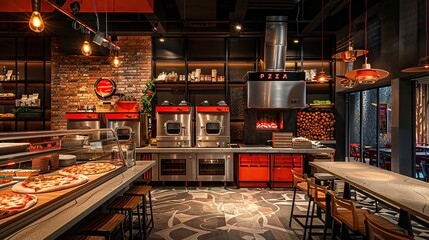Create an inviting display of a contemporary pizzeria, with wood-fired ovens, pizza tossers, and a menu of gourmet pizza creations. copy space for text.