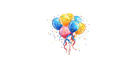 A bunch of colorful balloons with ribbons and confetti in the style of clip art on a white background.