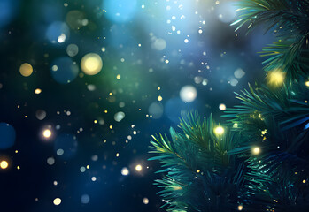 A magical fairy tale background with a blue bokeh with a Christmas tree. Bokeh background for booklets, postcards, New Year, Christmas mood. New Year's Eve 2025. Christmas