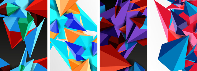 A row of four differently colored triangles showcasing creative arts and symmetry on a white background. The vibrant tints include electric blue and magenta