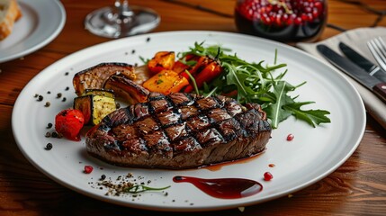 Juicy beef steak, veal steak on a white plate with roasted rocket, grilled vegetables and sauce. On the table is a glass of red pomegranate wine. Serving dishes in the restaurant.