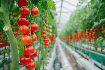 Banner for Roma Tomato farming showcasing greenhouse full of Delicious cherry tomatoes
