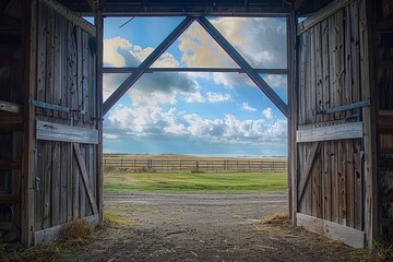 Barn gate open with sky and grass view