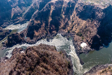 Aeriial shot of the gorges of the lower Zambezi river, just downstream from Victoria Falls.