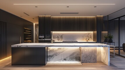 A sleek minimalist kitchen with hidden appliances and a marble waterfall island
